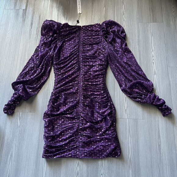 For Love And Lemons Dress Extra Small La Villette Polkadot Mini Ruched Purple - Picture 2 of 14